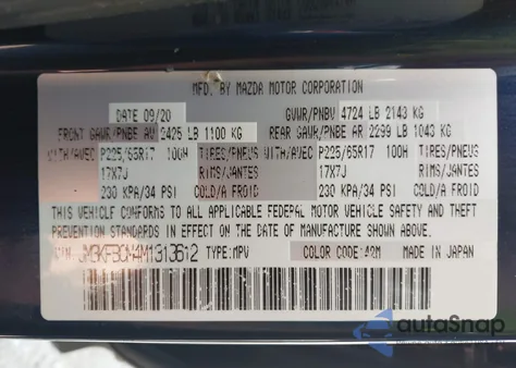 2021 Mazda Cx-5 Touring z USA, uszkodzony, nr VIN JM3KFBCM4M1313612